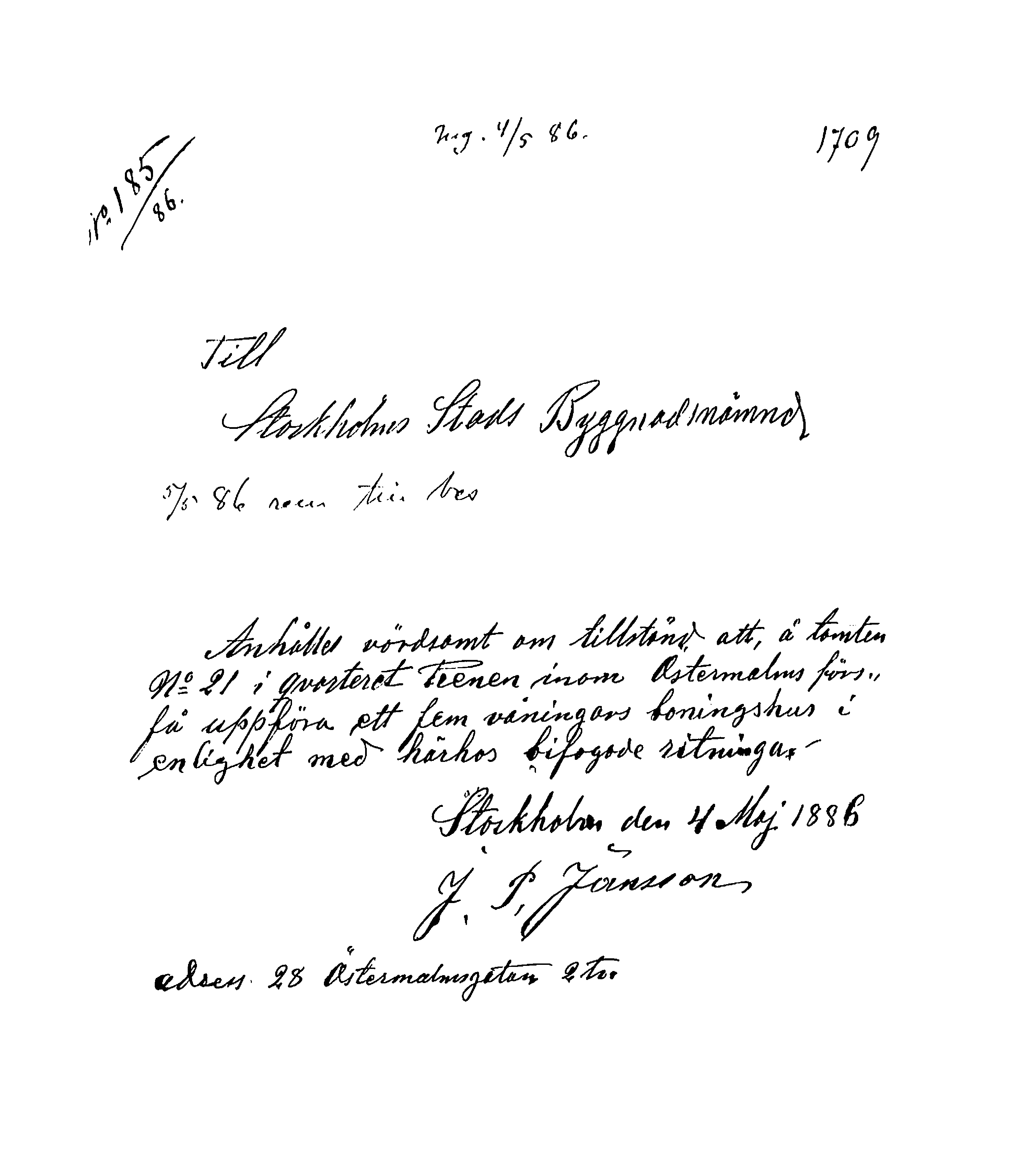 Brev till Stockholm stads byggnadsnämnd.